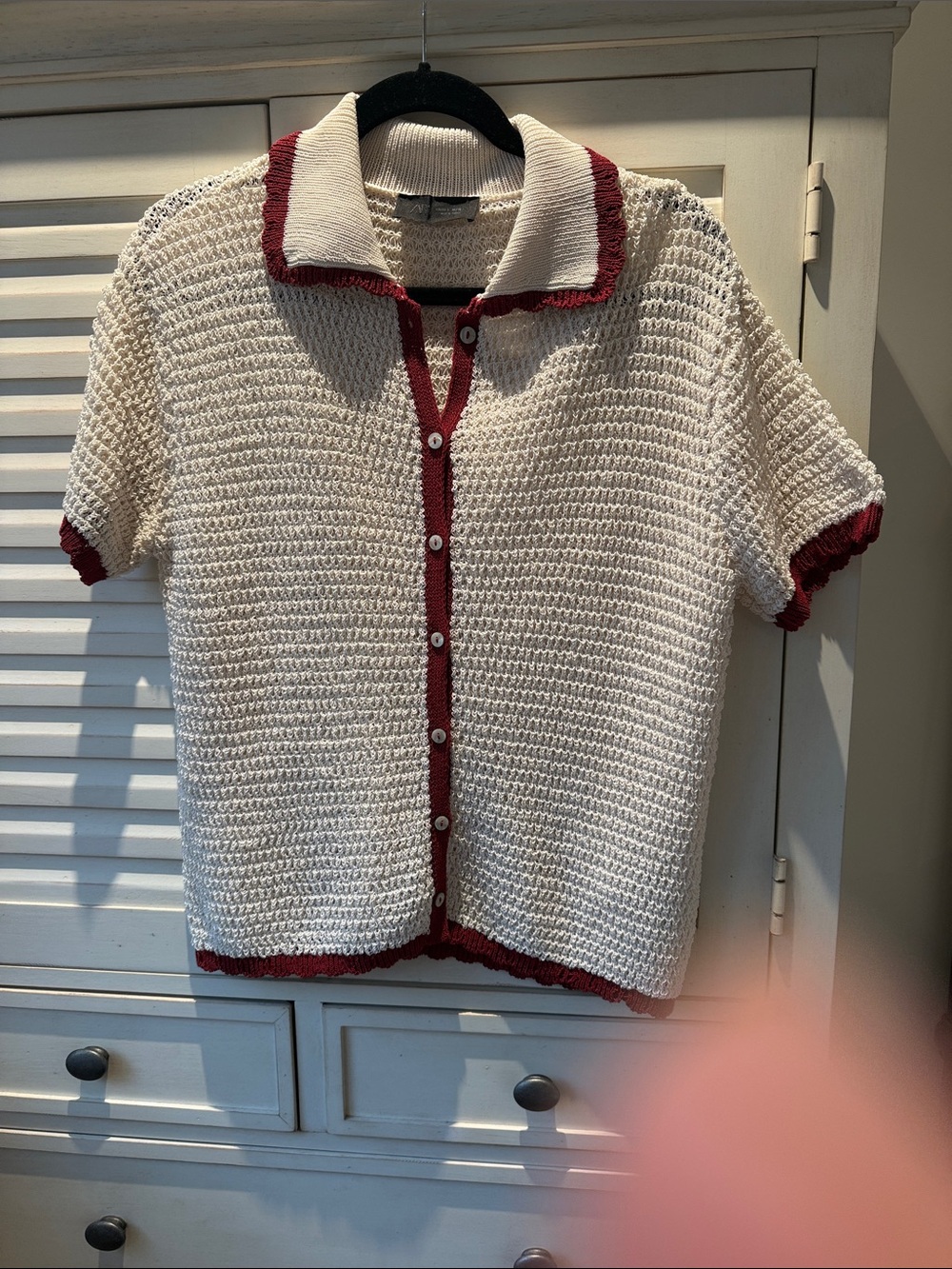 Zara Cream Knit Short-Sleeve Cardigan with Burgundy Trim